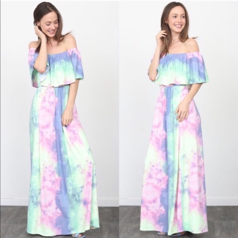 Pink ruffle boho Tie Dye Off Shoulder Maxi Dress